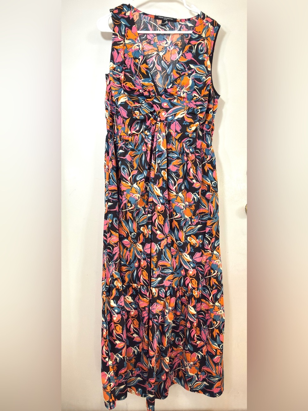 French Connection Navy Floral Print Maxi Dress with Pink & Orange Accents XL